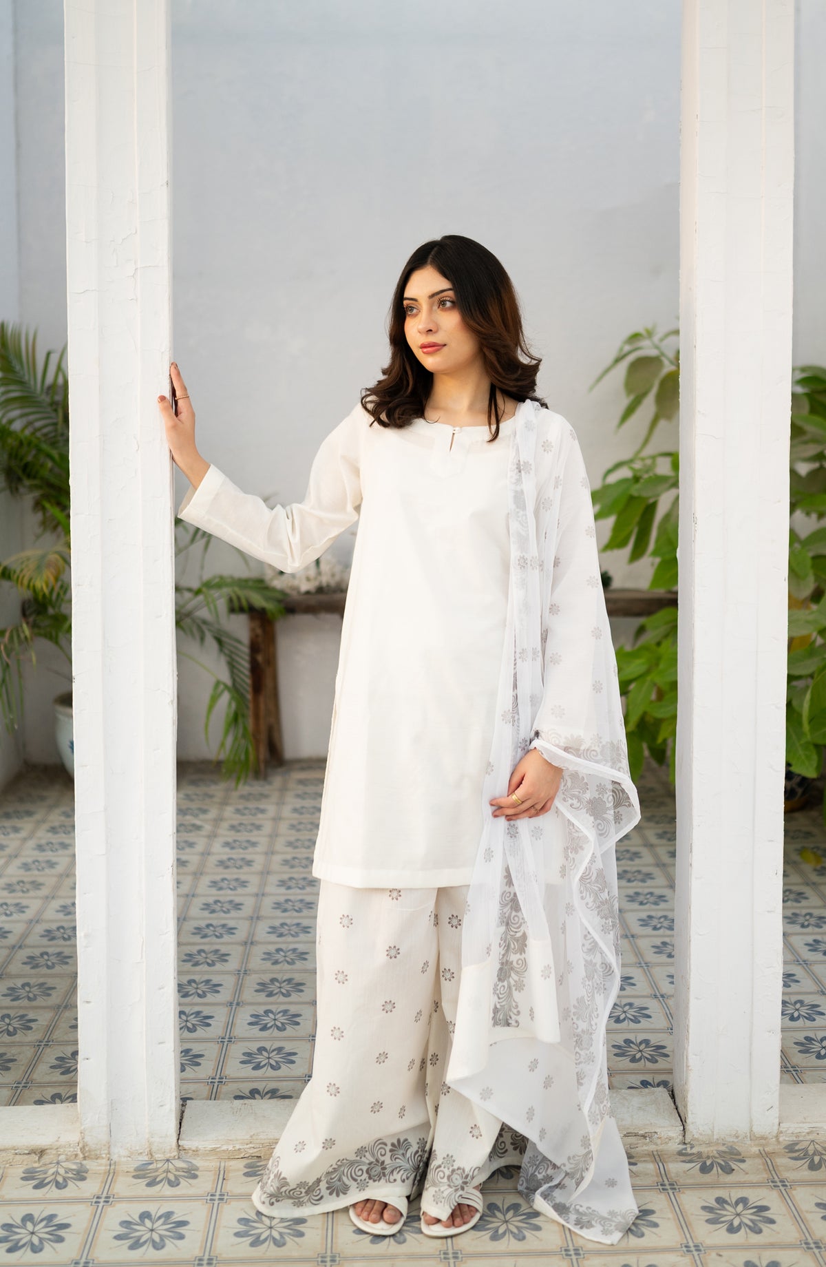 White Kurta Set Printed Cotton Stitched 3 Piece Suit - ZAU-WKS - ZK26ED - Eid Collection