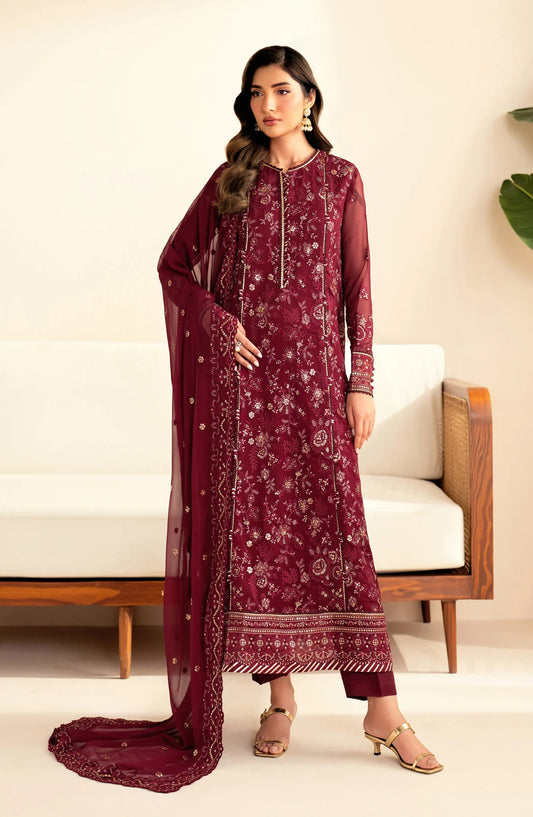 Xenia Deme Embroidered Luxury Chiffon Unstitched 3 Piece Suit - 03 - DARYA - XF25DM - Maroon - Festive Collection