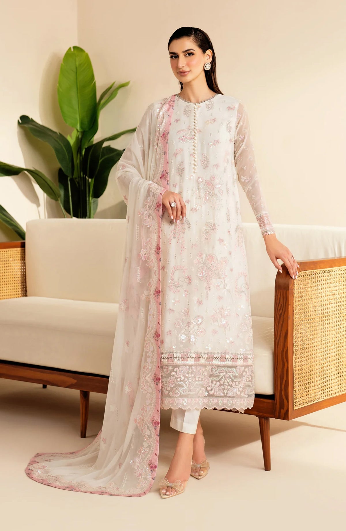 Xenia Deme Embroidered Luxury Chiffon Unstitched 3 Piece Suit - 01 - REVE - XF25DM - White - Festive Collection