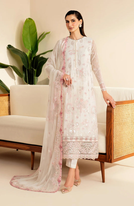 Xenia Deme Embroidered Luxury Chiffon Unstitched 3 Piece Suit - 01 - REVE - XF25DM - White - Festive Collection