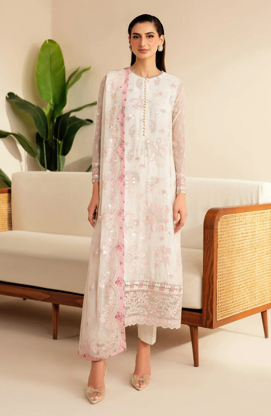 Xenia Deme Embroidered Luxury Chiffon Unstitched 3 Piece Suit - 01 - REVE - XF25DM - White - Festive Collection