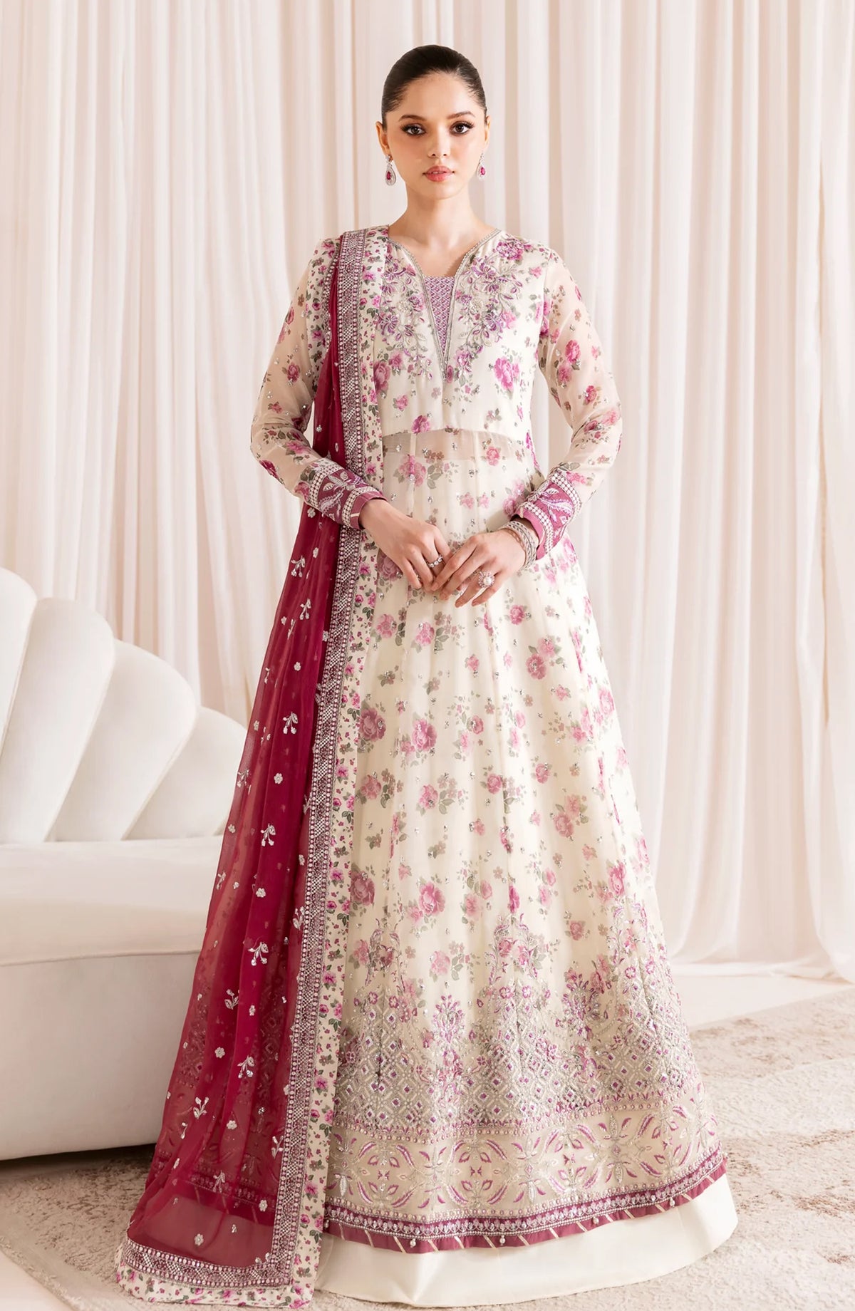 Xenia Formals Embroidered Chiffon Unstitched 3 Piece Suit - D-02 Dameera - XF25LFR - White - Luxury Collection