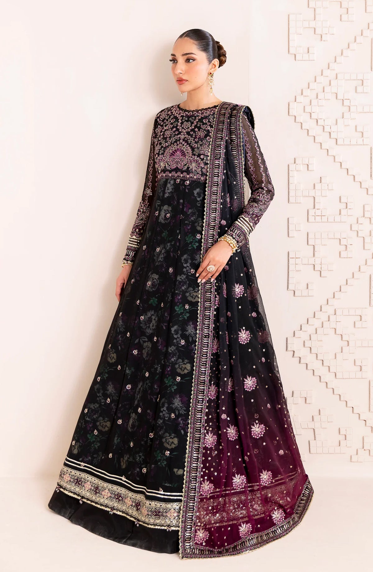 Xenia Formals Embroidered Chiffon Unstitched 3 Piece Suit - D-03 Nigira - XF25LFR - Black - Luxury Collection