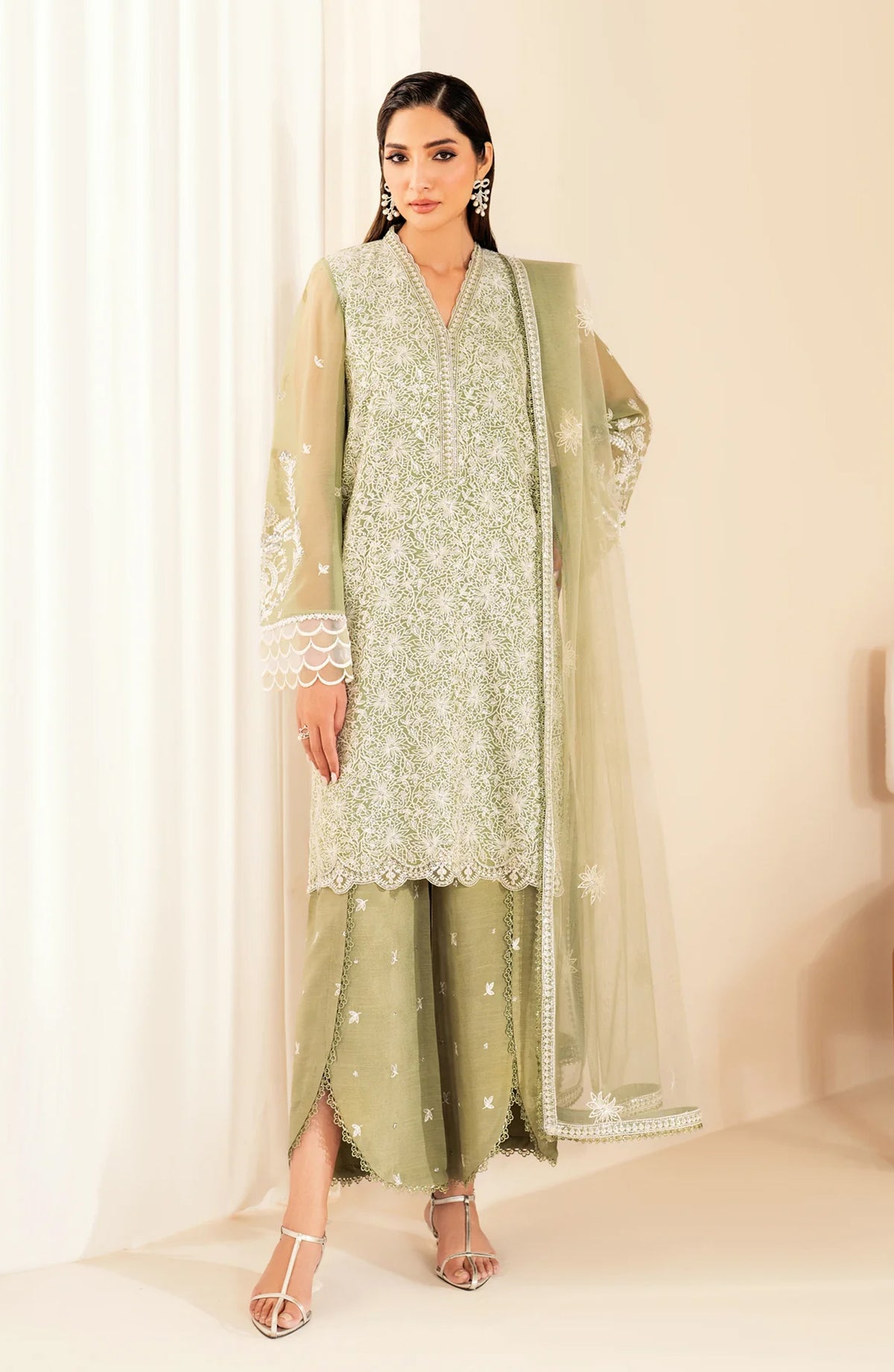 Xenia Formals Embroidered Chiffon Unstitched 3 Piece Suit - D-04 Nora - XF25LFR - Green - Luxury Collection