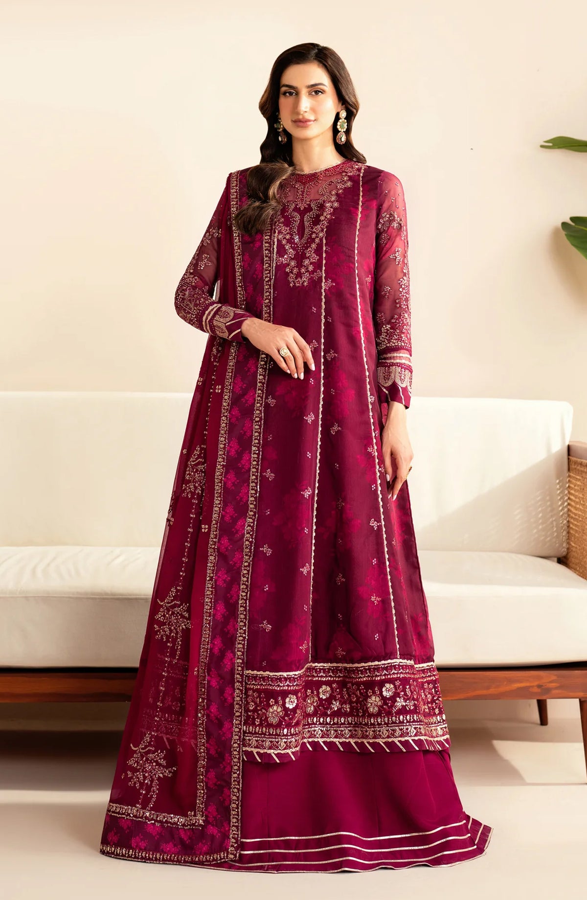 Xenia Formals Embroidered Chiffon Unstitched 3 Piece Suit - D-05 Ersa - XF25LFR - Maroon - Luxury Collection