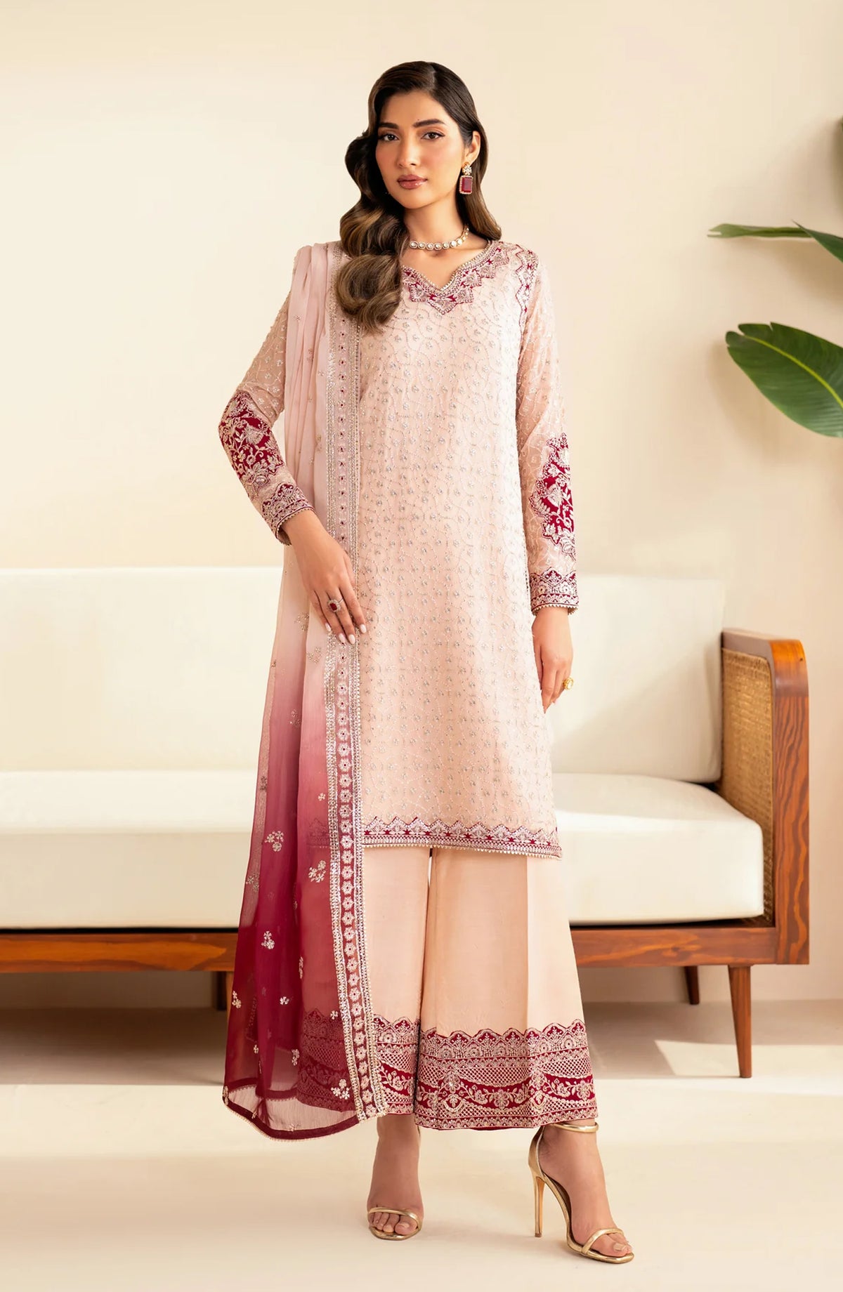 Xenia Formals Embroidered Chiffon Unstitched 3 Piece Suit - D-06 Tanim - XF25LFR - Pink - Luxury Collection