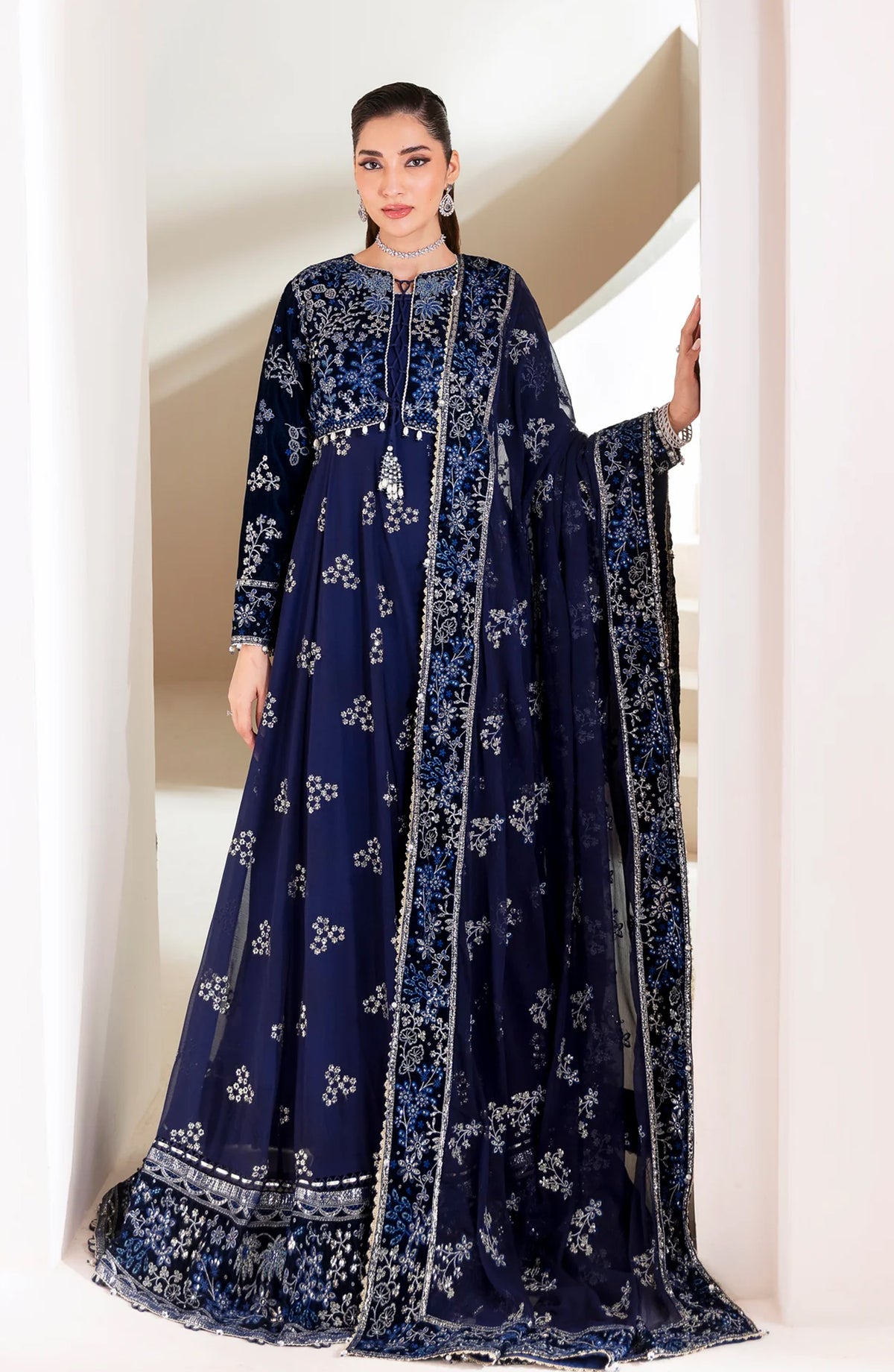 Xenia Formals Embroidered Chiffon Unstitched 3 Piece Suit - D-07 Maklina - XF25LFR - Blue - Luxury Collection