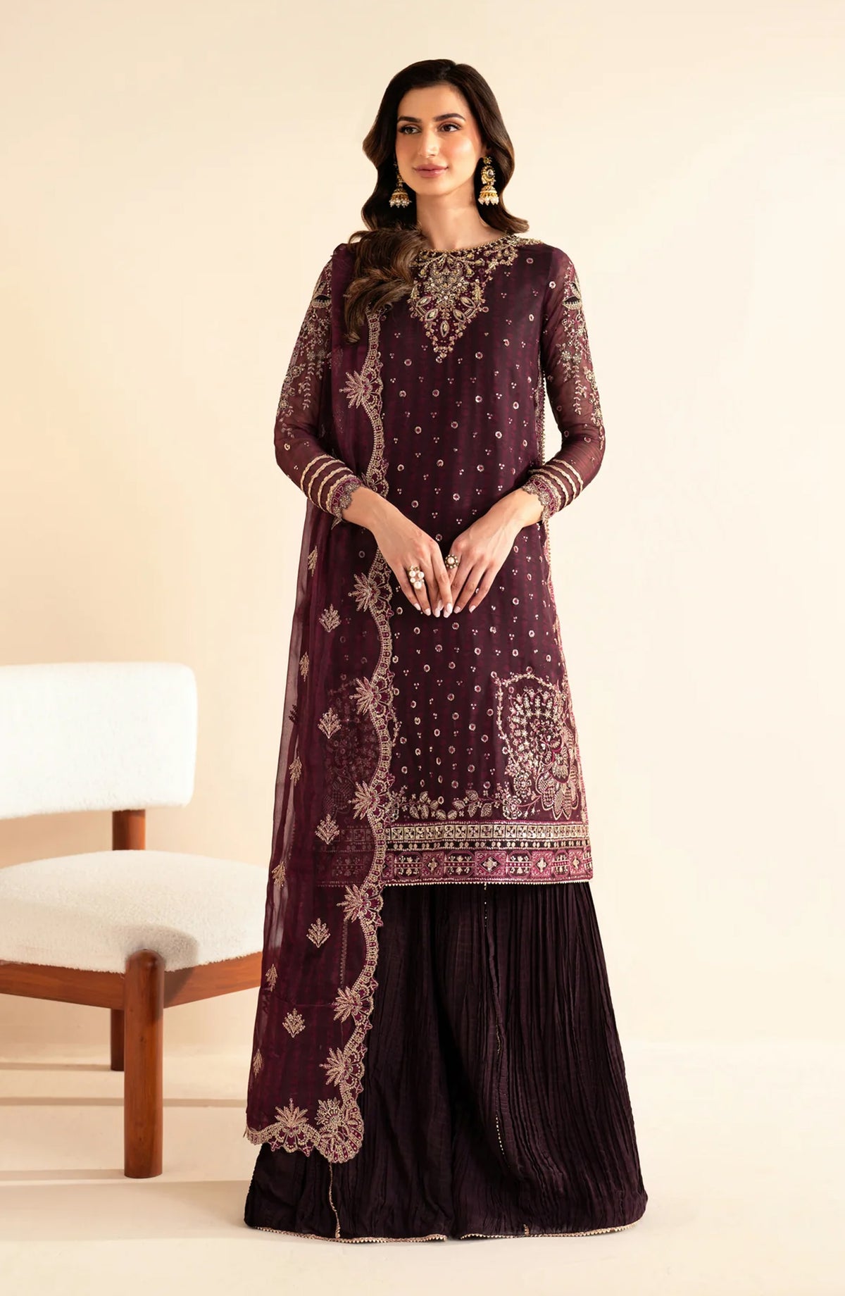 Xenia Formals Embroidered Chiffon Unstitched 3 Piece Suit - D-08 Tiya - XF25LFR - Purple - Luxury Collection