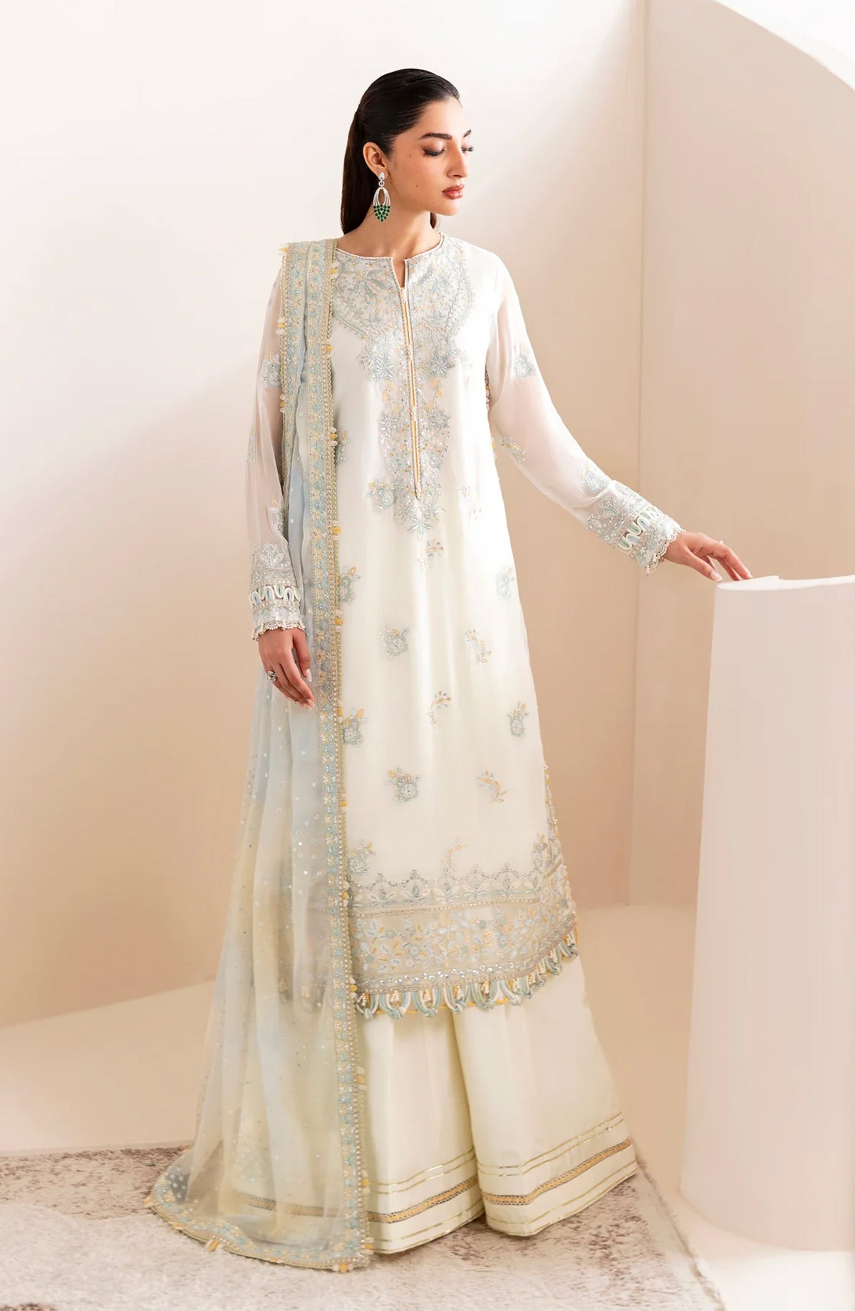 Xenia Formals Embroidered Chiffon Unstitched 3 Piece Suit - D-09 Nooriya - XF25LFR - White - Luxury Collection