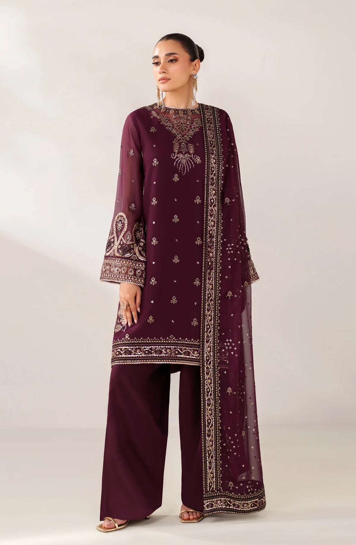 Xenia Formals Embroidered Chiffon Unstitched 3 Piece Suit - D-10 Nuri - XF25LFR - Purple - Luxury Collection