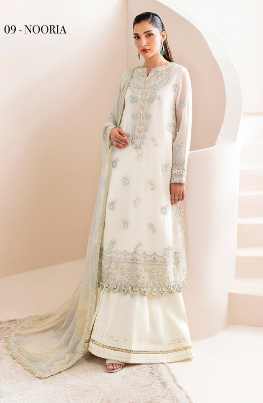 Xenia Formals Embroidered Net Unstitched 3 Piece Suit - D-09 Nooriya - XF25LFR - White - Luxury Collection