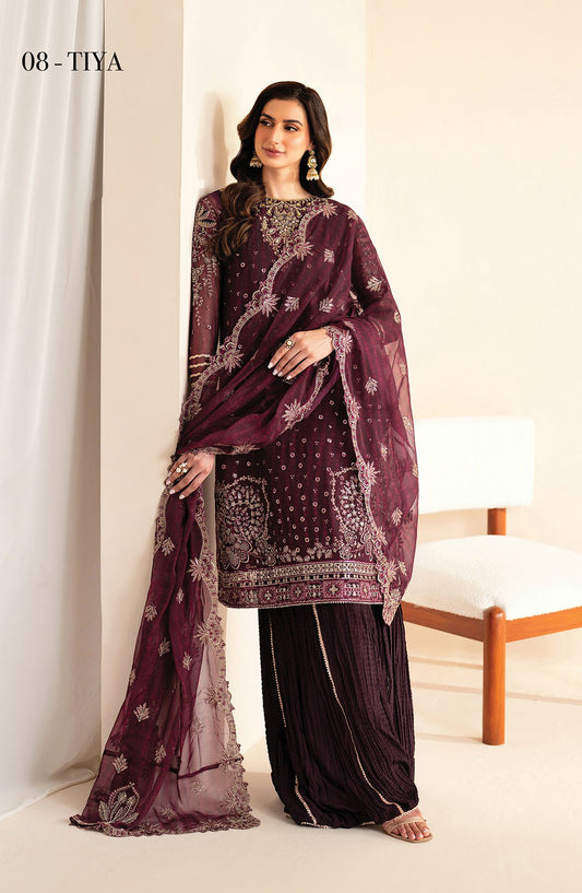 Xenia Formals Embroidered Net Unstitched 3 Piece Suit - D-08 Tiya - XF25LFR - Purple - Luxury Collection