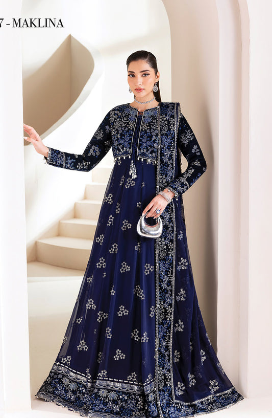 Xenia Formals Embroidered Net Unstitched 3 Piece Suit - D-07 Maklina - XF25LFR - Blue - Luxury Collection