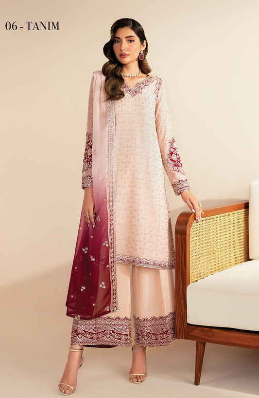 Xenia Formals Embroidered Net Unstitched 3 Piece Suit - D-06 Tanim - XF25LFR - Pink - Luxury Collection