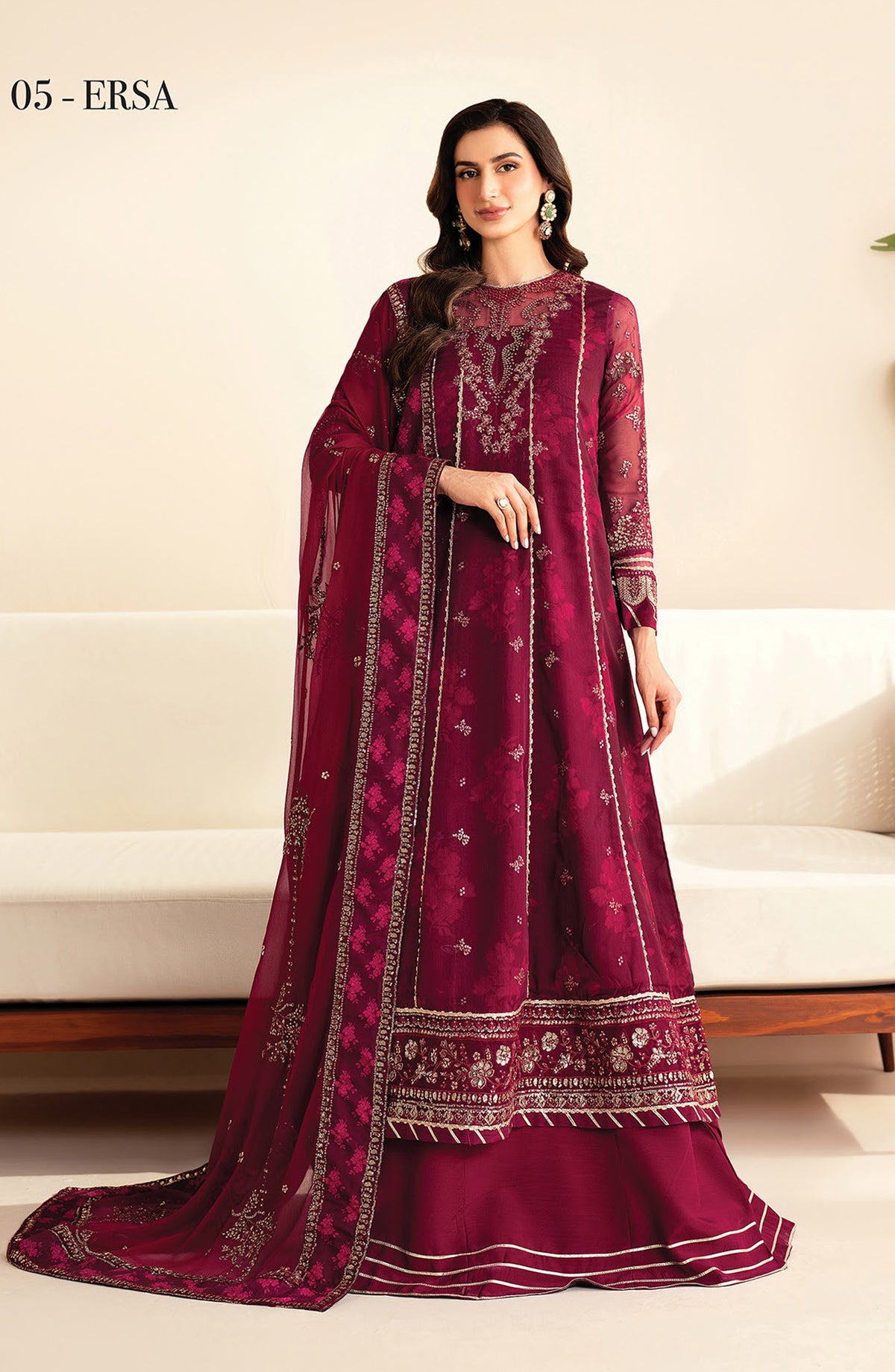 Xenia Formals Embroidered Net Unstitched 3 Piece Suit - D-05 Ersa - XF25LFR - Maroon - Luxury Collection