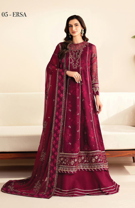Xenia Formals Embroidered Net Unstitched 3 Piece Suit - D-05 Ersa - XF25LFR - Maroon - Luxury Collection