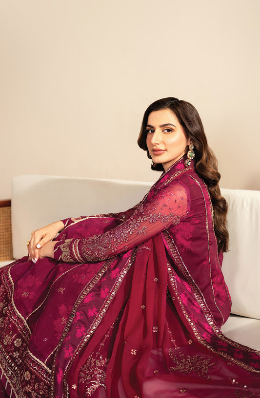 Xenia Formals Embroidered Chiffon Unstitched 3 Piece Suit - D-05 Ersa - XF25LFR - Maroon - Luxury Collection
