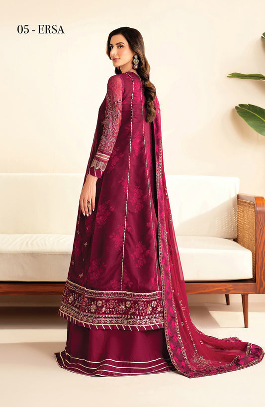 Xenia Formals Embroidered Net Unstitched 3 Piece Suit - D-05 Ersa - XF25LFR - Maroon - Luxury Collection
