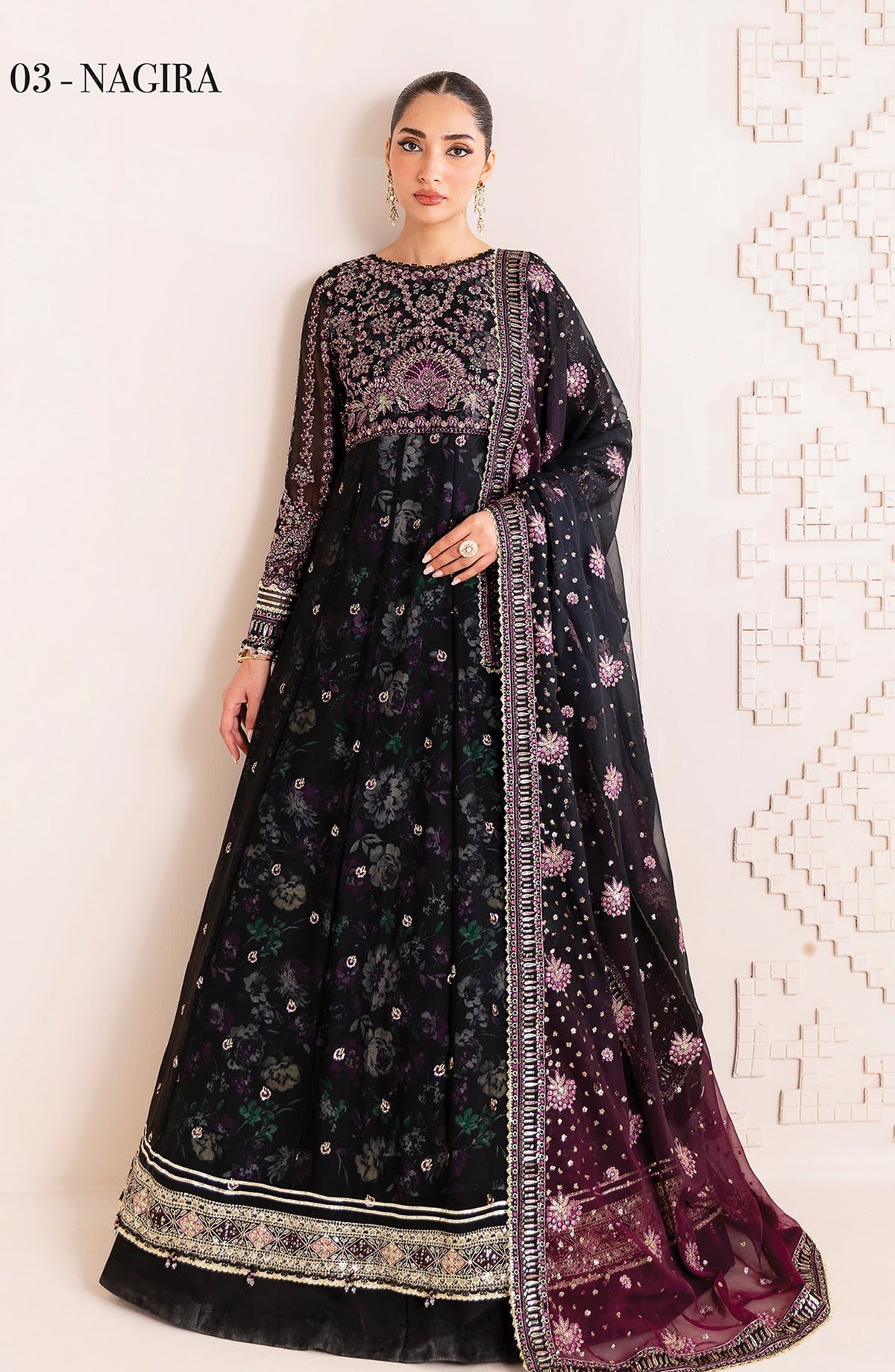 Xenia Formals Embroidered Net Unstitched 3 Piece Suit - D-03 Nigira - XF25LFR - Black - Luxury Collection