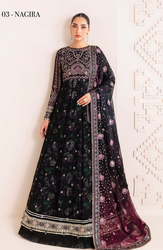 Xenia Formals Embroidered Net Unstitched 3 Piece Suit - D-03 Nigira - XF25LFR - Black - Luxury Collection