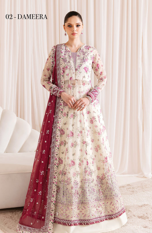 Xenia Formals Embroidered Net Unstitched 3 Piece Suit - D-02 Dameera - XF25LFR - White - Luxury Collection