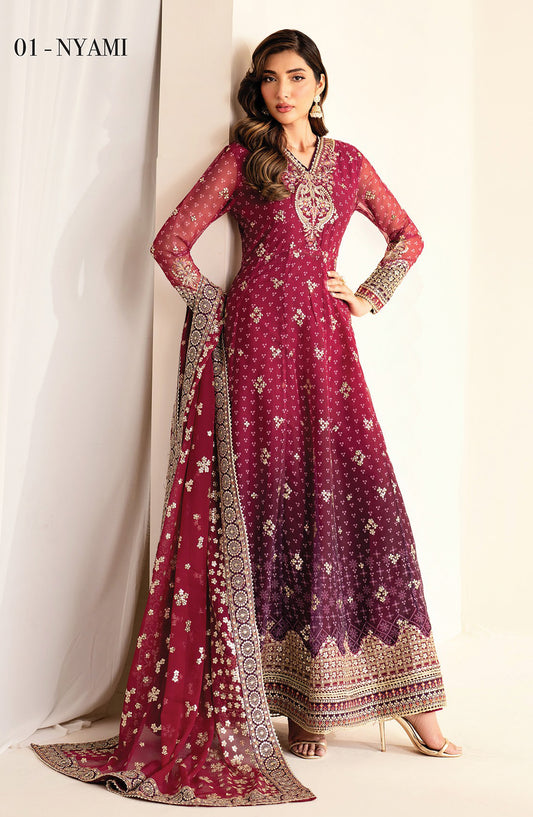 Xenia Formals Embroidered Net Unstitched 3 Piece Suit - D-01 Nyami - XF25LFR - Pink - Luxury Collection