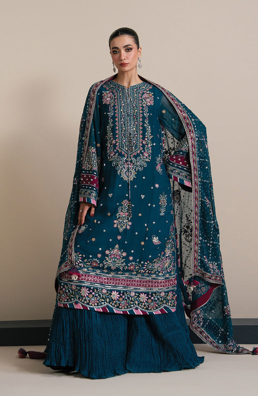 Xenia Kalani Luxury Embroidered Chiffon Unstitched 3 Piece Suit - 05-Yona - XF26KN - Blue - Festive Collection