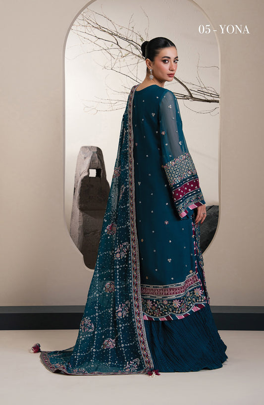 Xenia Kalani Luxury Embroidered Chiffon Unstitched 3 Piece Suit - 05-Yona - XF26KN - Blue - Festive Collection