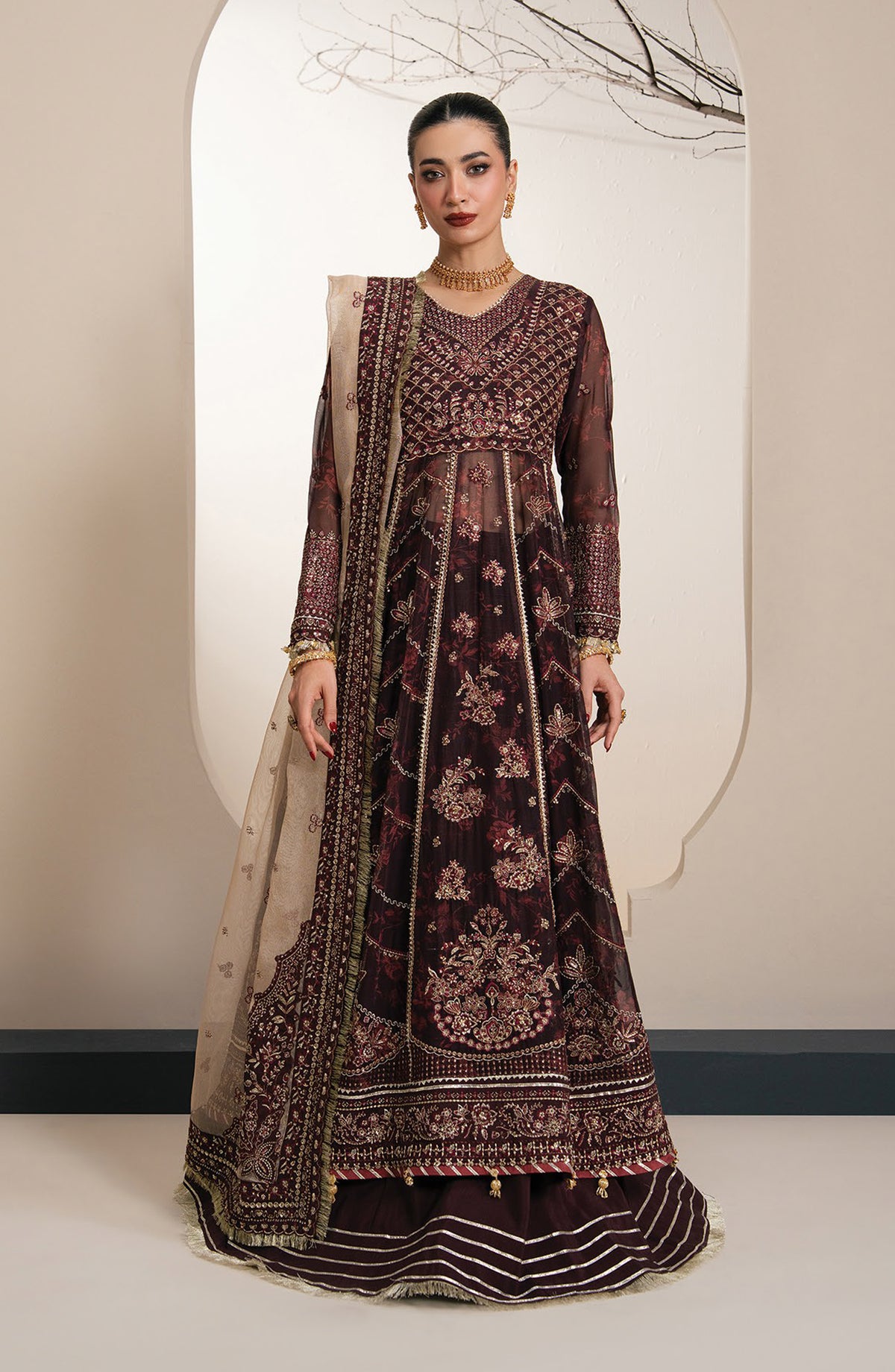 Xenia Kalani Luxury Embroidered Chiffon Unstitched 3 Piece Suit - 04-Olyra - XF26KN - Maroon - Festive Collection