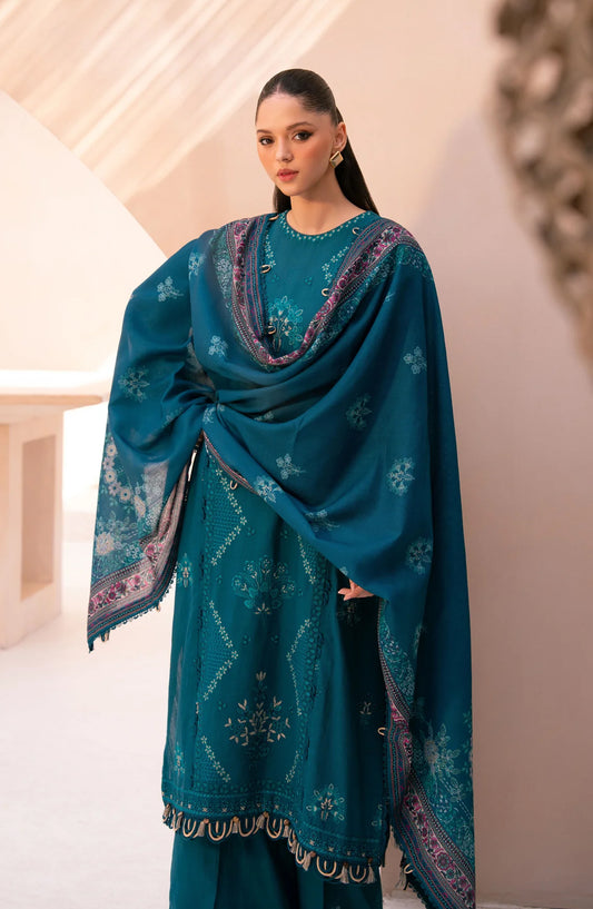 Xenia Rang e Khizaan Embroidered Slub Khaddar Unstitched 3 Piece Suit - D-11 ALFIA - XF25RNG - Teal - Winter Collection