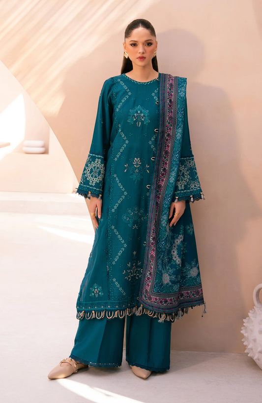Xenia Rang e Khizaan Embroidered Slub Khaddar Unstitched 3 Piece Suit - D-11 ALFIA - XF25RNG - Teal - Winter Collection