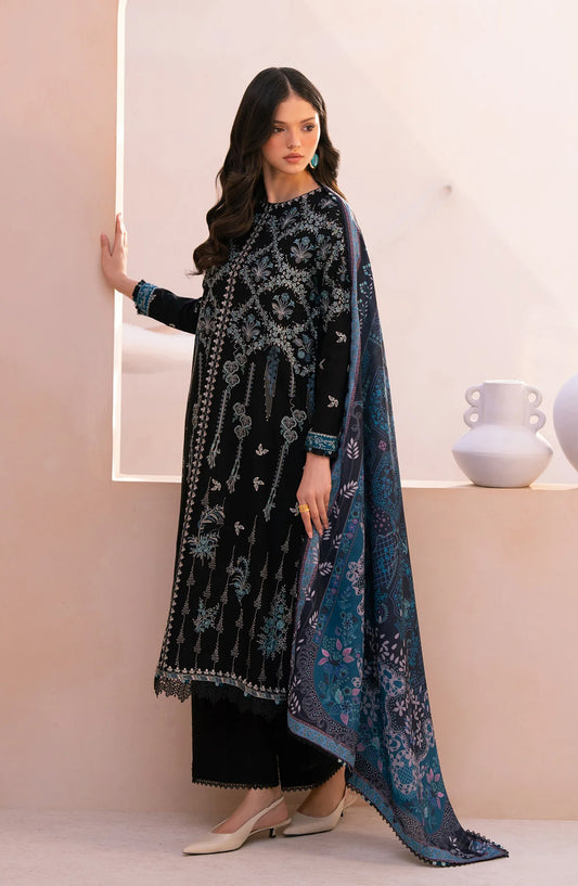 Xenia Rang e Khizaan Embroidered Slub Khaddar Unstitched 3 Piece Suit - D-08 SANIAH - XF25RNG - Black - Winter Collection