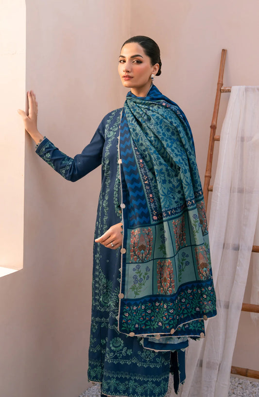 Xenia Rang e Khizaan Embroidered Slub Khaddar Unstitched 3 Piece Suit - D-05 SAIRA - XF25RNG - Blue - Winter Collection