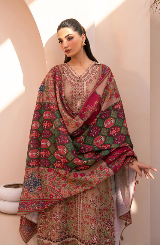 Xenia Rang e Khizaan Embroidered Slub Khaddar Unstitched 3 Piece Suit - D-04 DAFIYAH - XF25RNG - Beige - Winter Collection