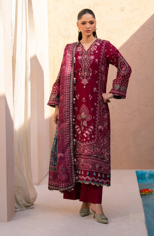 Xenia Rang e Khizaan Embroidered Slub Khaddar Unstitched 3 Piece Suit - D-02 DEEMAH - XF25RNG - Red - Winter Collection