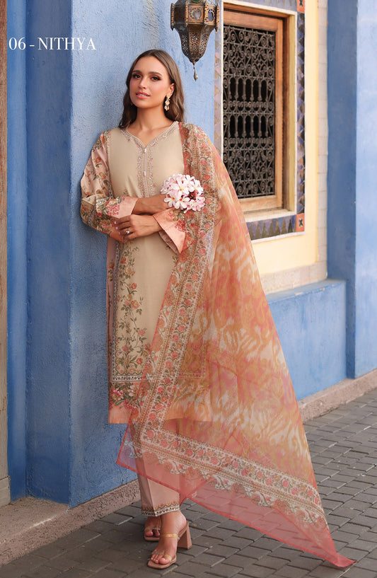 Xenia Embroidered Lawn Unstitched 3 Piece Suit - 06-Nithya - XF26ULW - Beige - Summer Collection