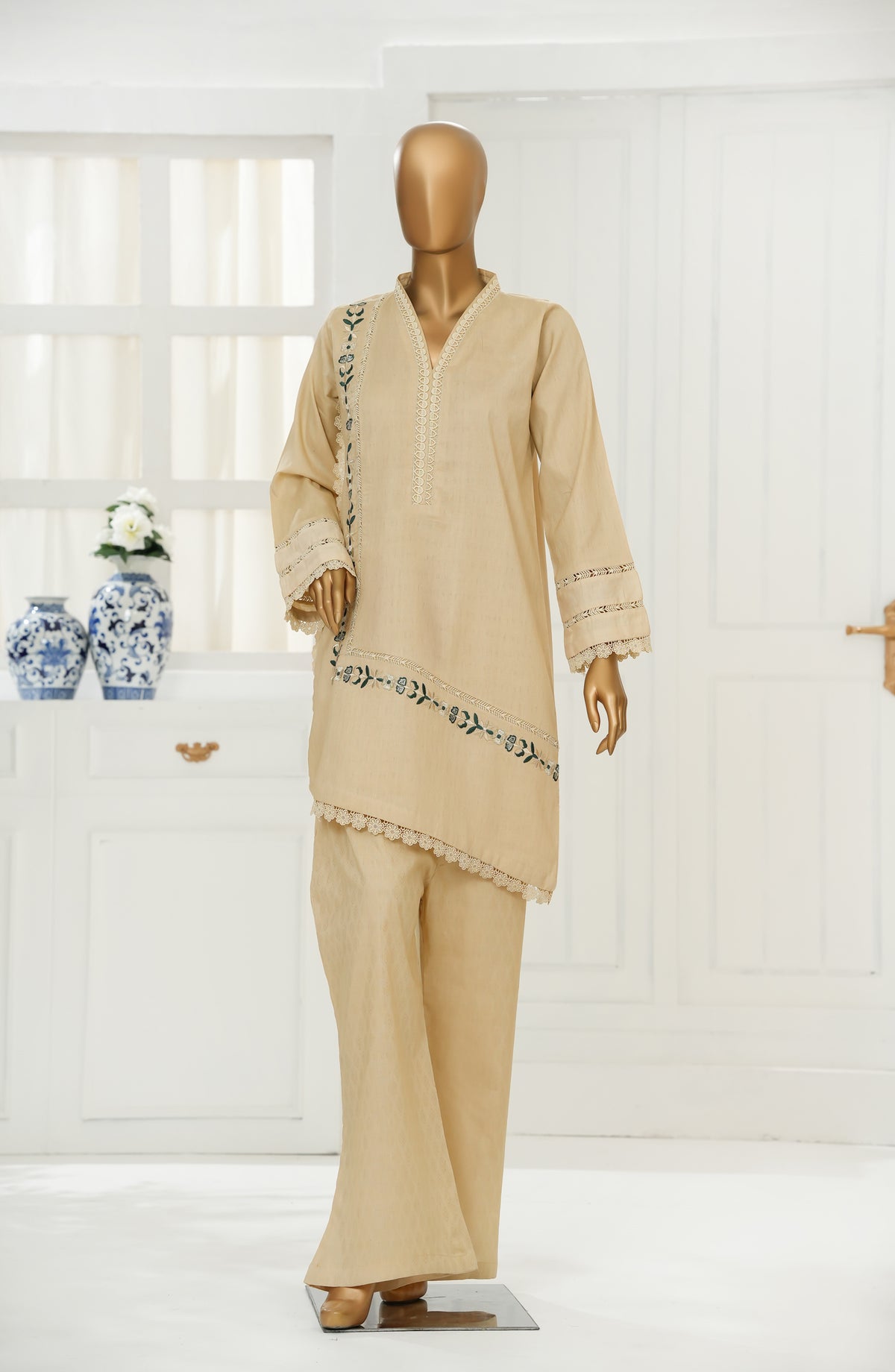 Yolo Signature by Amna Khadija Embroidered Jacquard Cotton Stitched Co ord Sets - YSLC-01 - AM25YSLC - Fawn - Luxury Collection