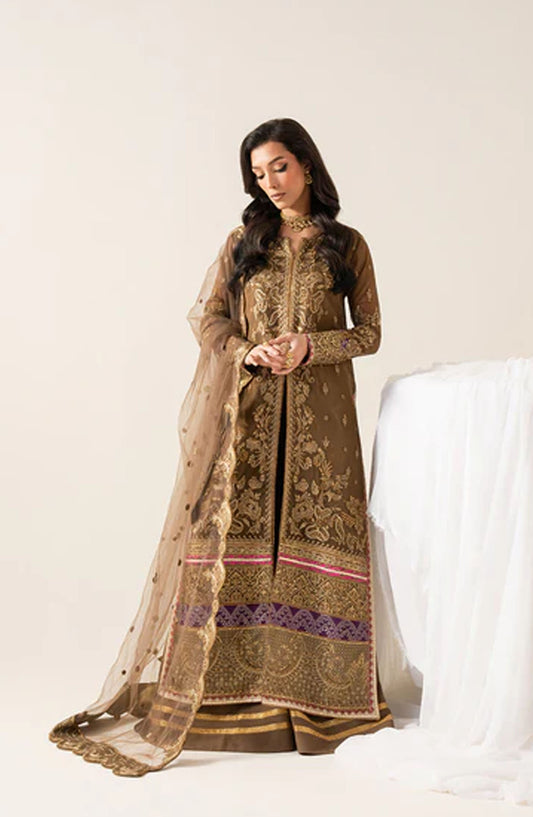 Zaib by Freesia Embroidered Chiffon Unstitched 3 Piece Suit - OLYMPE -FS50133 - MNM25FZB - Brown - Festive Collection