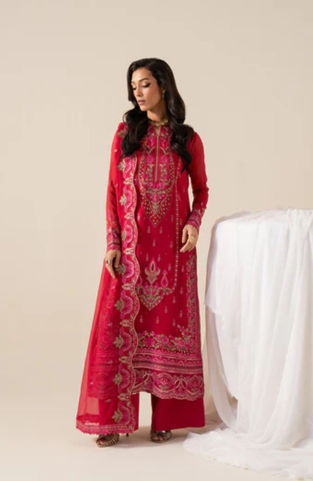Zaib by Freesia Embroidered Chiffon Unstitched 3 Piece Suit - ELLA -FS50131 - MNM25FZB - Red - Festive Collection