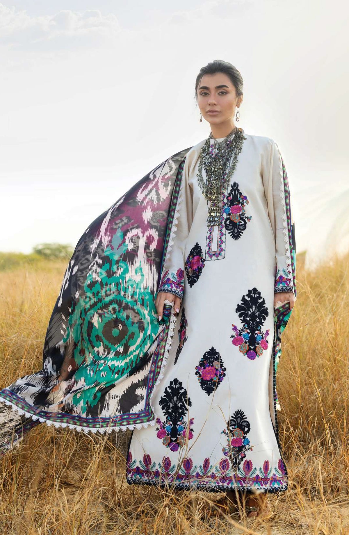 Zainab Chottani Embroidered Jacquard Unstitched 3 Piece Suit - D-17 - ZBC26SS - White - Spring Summer Collection