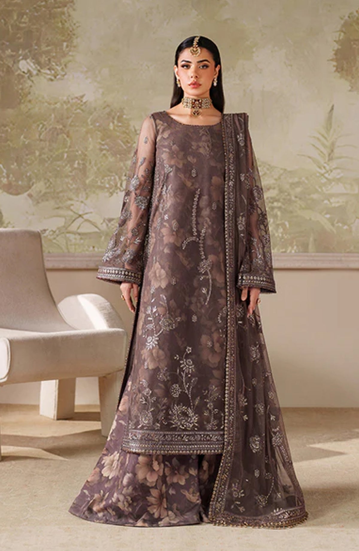 Zaneera by Zarif Embroidered Net Unstitched 3 Piece Suit - ZRF-ZPE-08 MAHVEER - ZRF25ZNR - Purple - Formals Collection