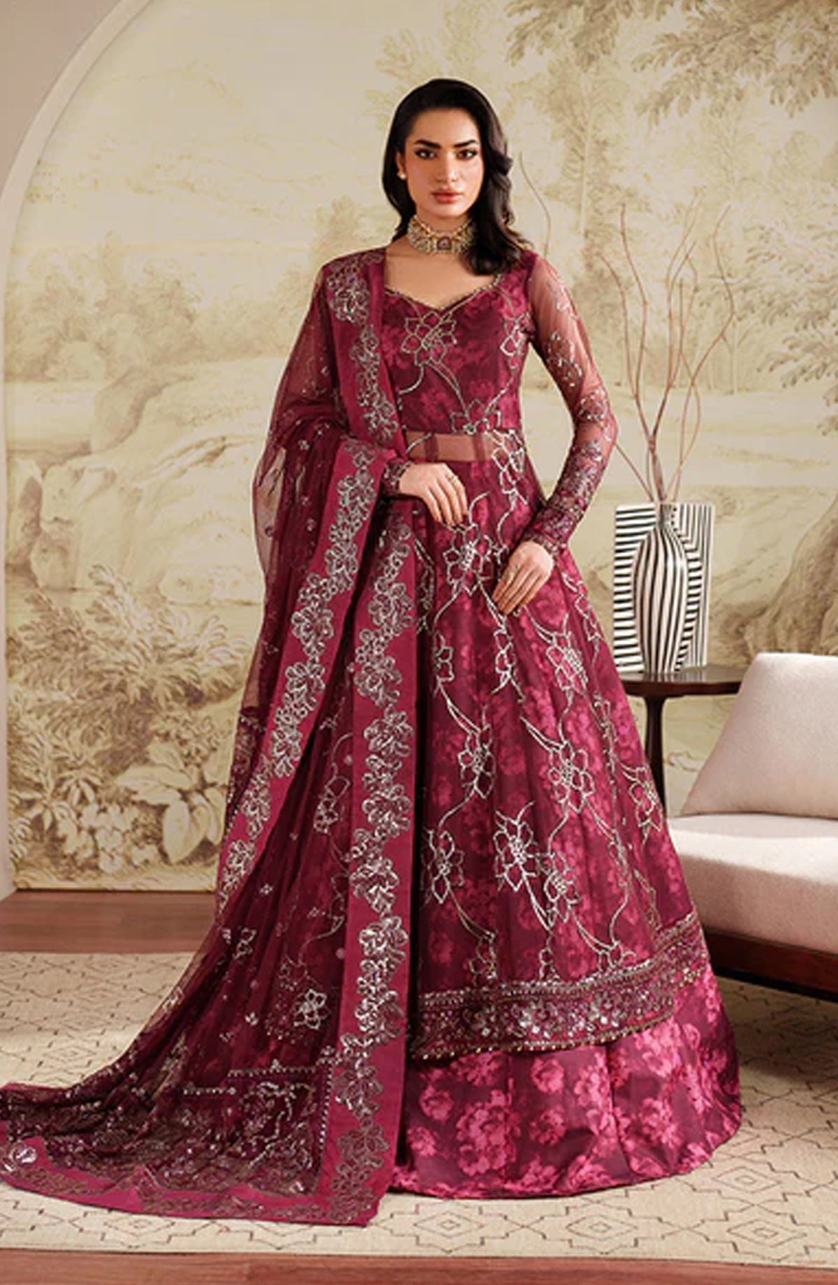 Zaneera by Zarif Embroidered Net Unstitched 3 Piece Suit - ZRF-ZPE-07 FALEK - ZRF25ZNR - Red - Formals Collection