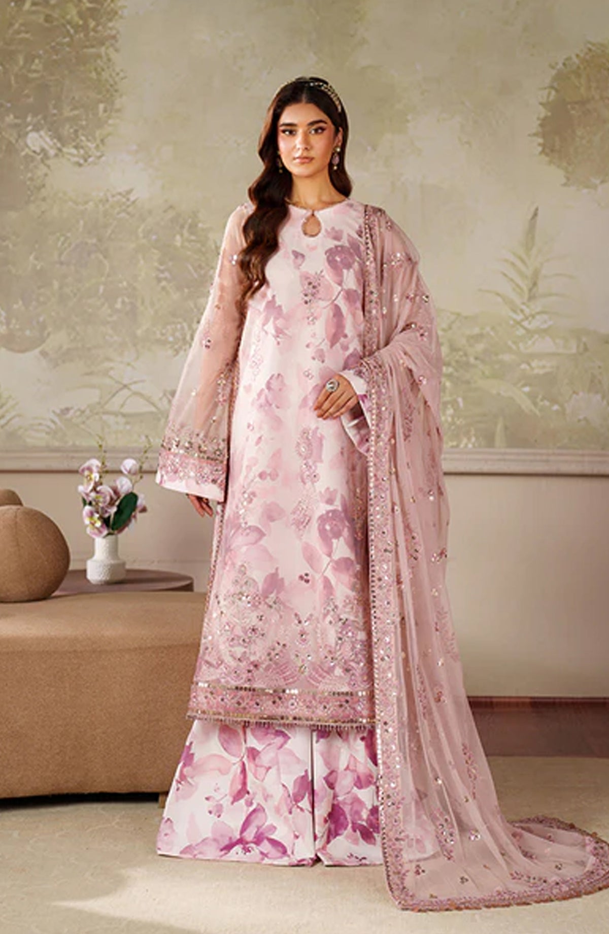 Zaneera by Zarif Embroidered Net Unstitched 3 Piece Suit - ZRF-ZPE-06 RAHMA - ZRF25ZNR - Pink - Formals Collection