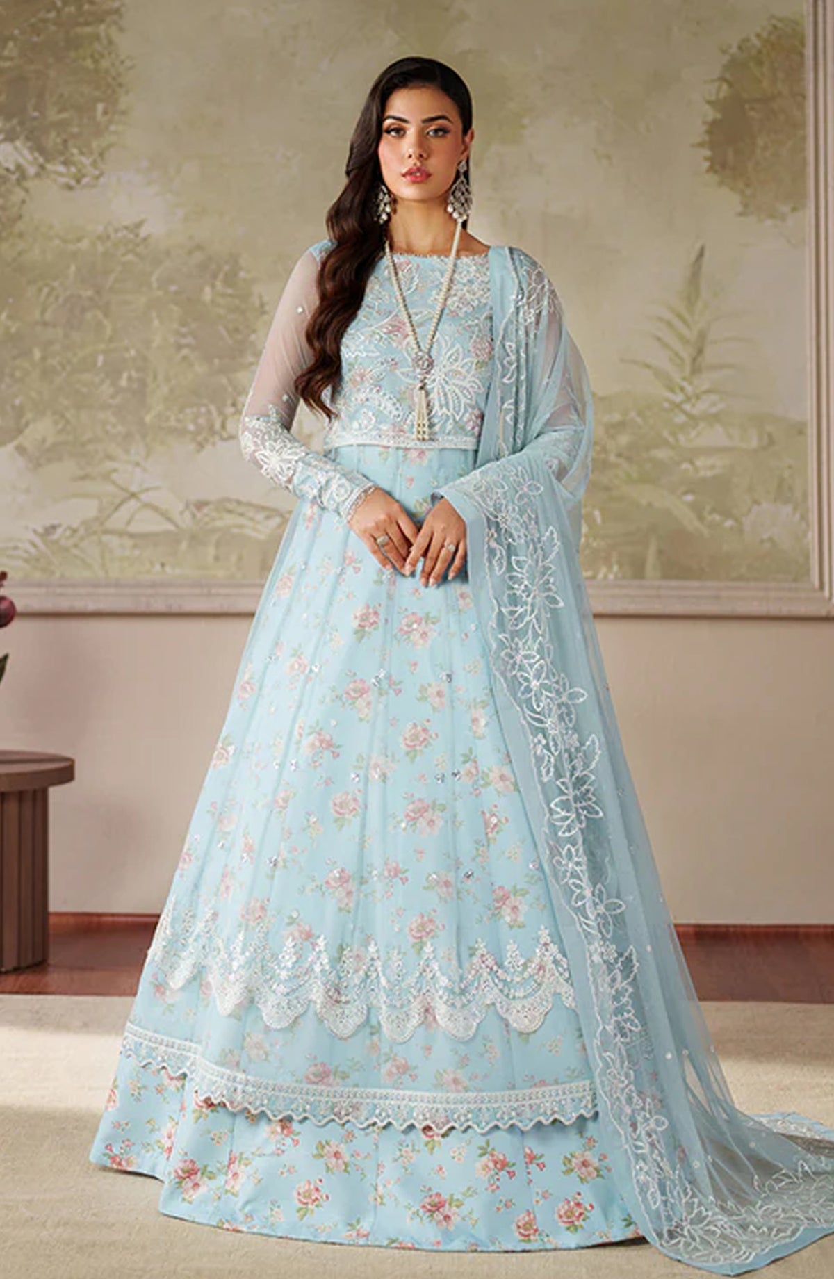 Zaneera by Zarif Embroidered Net Unstitched 3 Piece Suit - ZRF-ZPE-02 AROOSH - ZRF25ZNR - Blue - Formals Collection