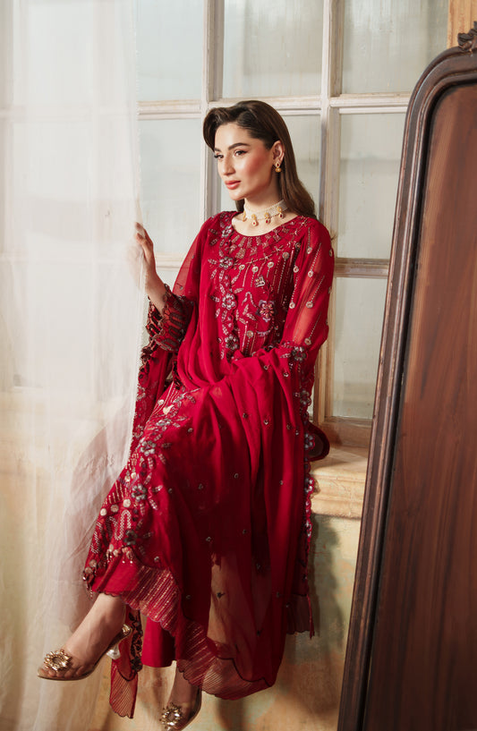 Zargul by Zebtan Embroidered Chiffon Unstitched 3 Piece Suit - ZG-05 - ZBT25ZRG - Red - Formal Collection
