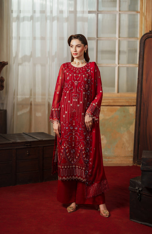 Zargul by Zebtan Embroidered Chiffon Unstitched 3 Piece Suit - ZG-05 - ZBT25ZRG - Red - Formal Collection