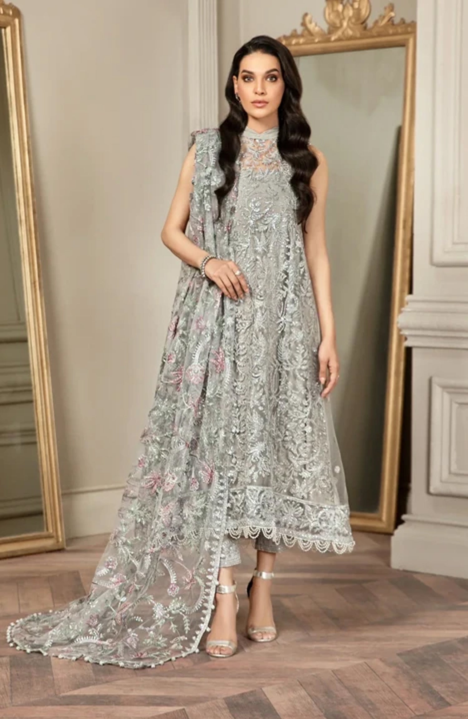 Zarif Luxury Embroidered Net Unstitched 3 Piece Suit - 01 Grace - ZRF26GR - Silver Grey - Festive Collection
