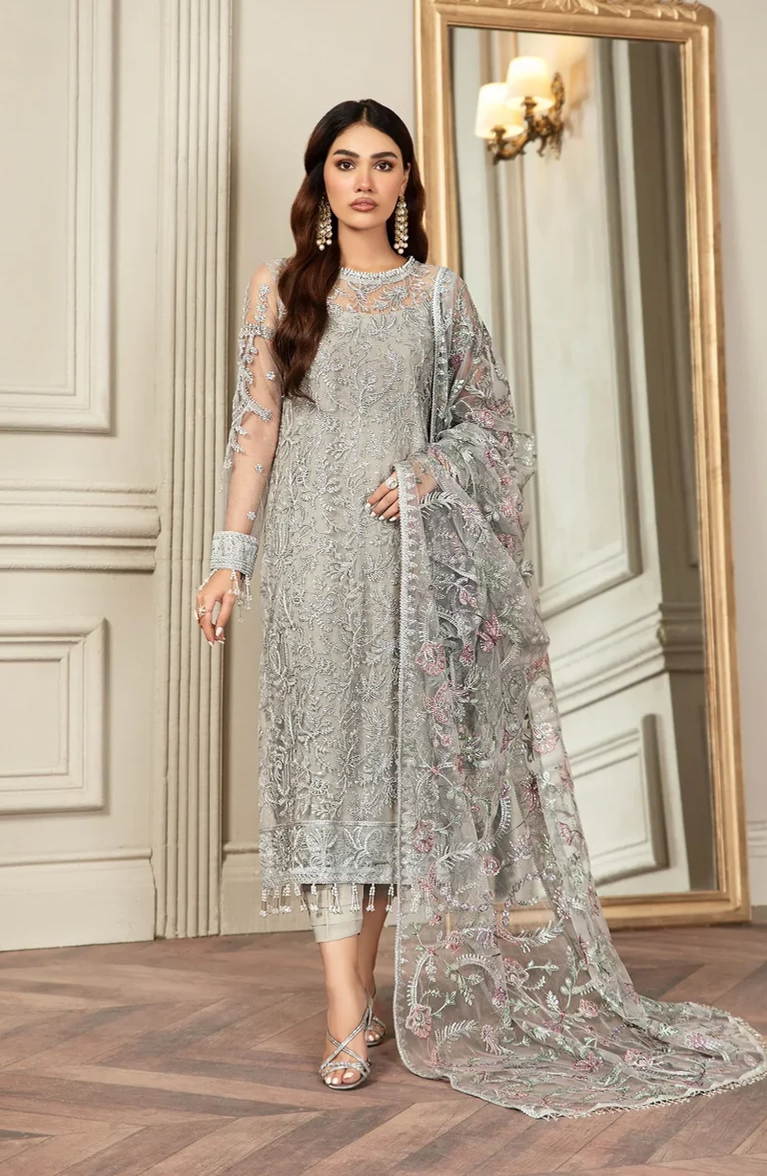 Zarif Luxury Embroidered Net Unstitched 3 Piece Suit - 01 Grace - ZRF26GR - Silver Grey - Festive Collection