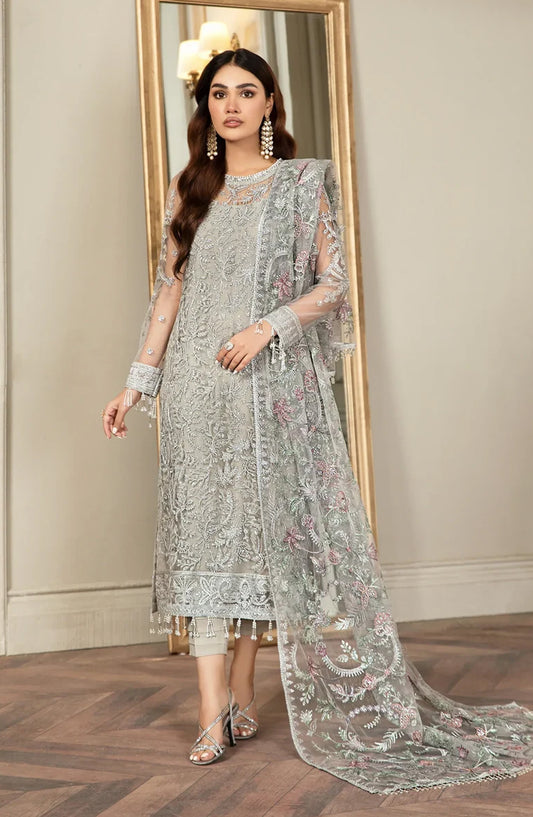 Zarif Luxury Embroidered Net Unstitched 3 Piece Suit - 01 Grace - ZRF26GR - Silver Grey - Festive Collection