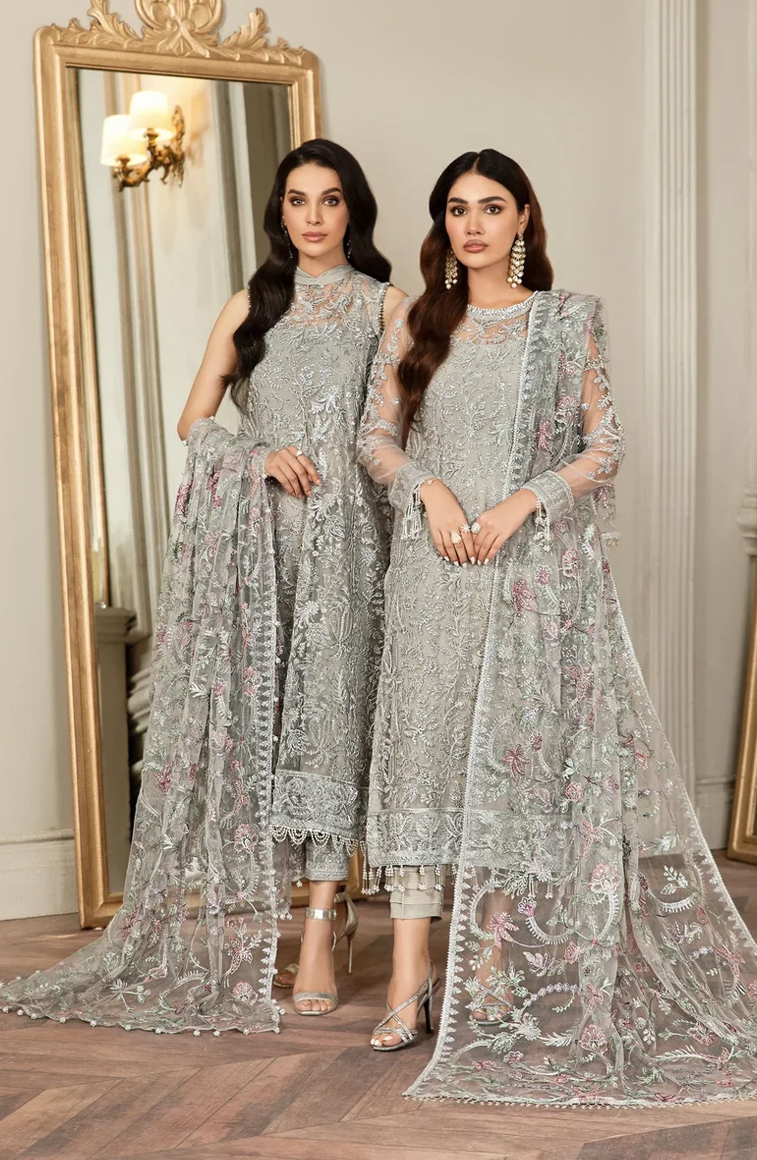 Zarif Luxury Embroidered Net Unstitched 3 Piece Suit - 01 Grace - ZRF26GR - Silver Grey - Festive Collection